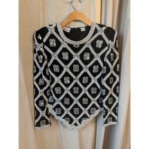 Laurence Kazar New York Beaded Sequin Silk Top Long‎ Sleeve Party PartyM Vtg
